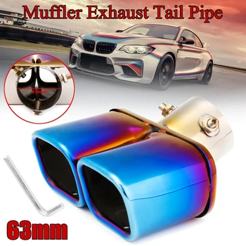 

Universal Half-Grilled Blue Stainless Steel Double Outlet Muffler Exhaust Tip End Tail Pipe square end one change two double out