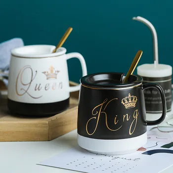 

"King Queen" Modern Ceramic Mug with Lid Spoon Milk Coffee Cup Family Lovers Mug Home Office Drinkware
