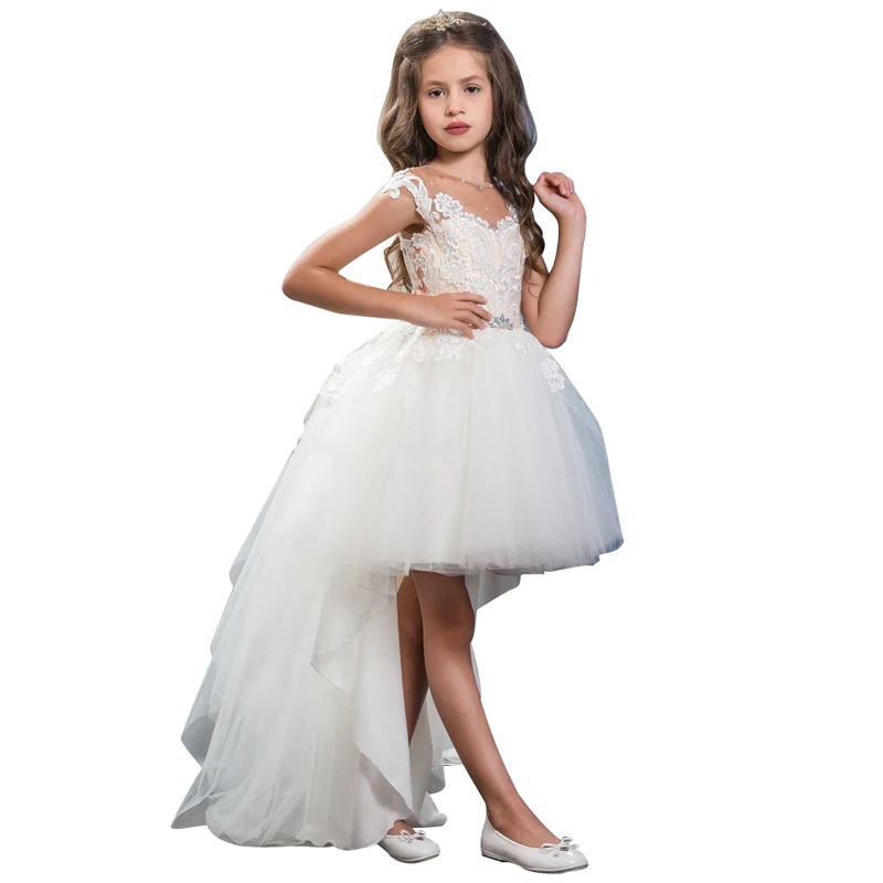Свадебное платье с цветочным узором для девочек; цвет слоновой кости, белый; кружевное платье с бусинами и прозрачным вырезом; нарядные вечерние платья для девочек; платье для выпускного вечера на заказ