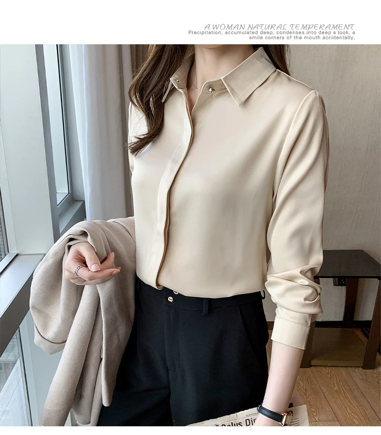 2022 Autumn Satin Women's Shirts Fashion Silk Button Solid OL Elegant Ladies Tops Long Sleeve Blouse Basic Women Shirts Blouses