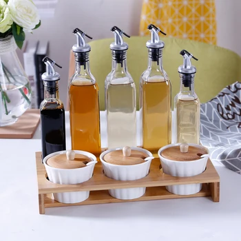 

Kitchen Condiment Tank Bamboo Wood Frame Tank Oil Bottle Set Glass Bottle food honey jar small containers with lids cookie jar