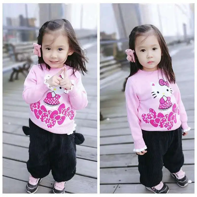

2019 New Hot Cute Sweet Cartoon KT Autumn Winter Lovely Baby Pink Sweater Tops Long Sleeve Leaky Waist Fashion Knitted Sweaters