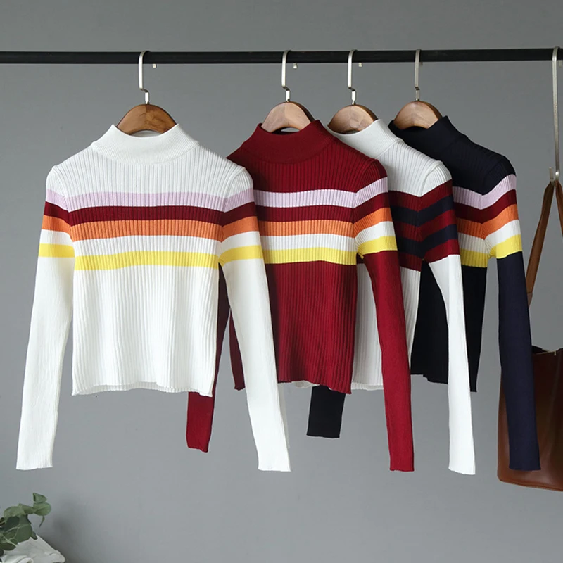 

2019 Autumn Winter Women Knitted Turtleneck Sweater Elasticity Striped Slim Sweater Female Bottoming Long Sleeve Pullovers