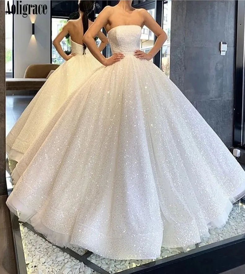 

Shiny Princess Ball Gown Wedding Dresses For Bride Strapless Sweep Train Plus Size Bridal Gowns Country Garden Vestidoe De Noiva