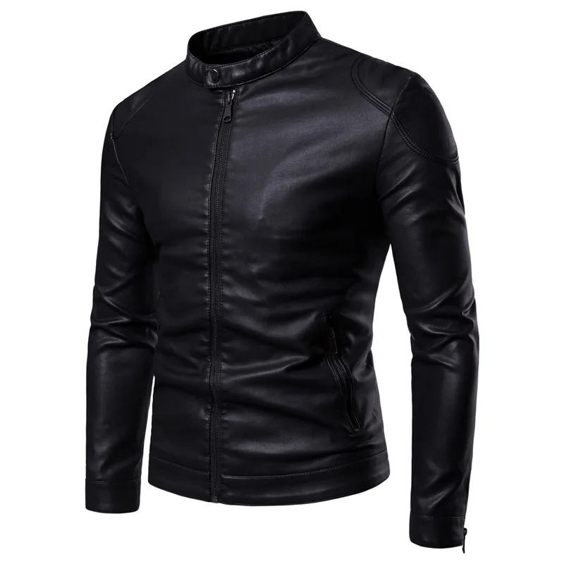 Venta Chaqueta de cuero con cuello levantado para hombre, chaqueta de cuero de moda con Panel juvenil, Color sólido, nuevo estilo, otoño e invierno, 2020 GmJAAZWx1