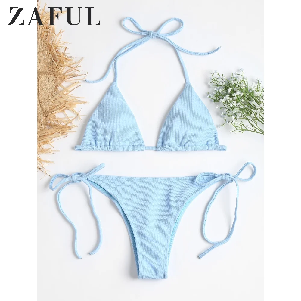 

ZAFUL Swimwear Swimsuit Ribbed Tie Side High Cut Bikini Set Beach Suit Halter Padded Bathing Suit Beach Wear For Women 2020 Sexy