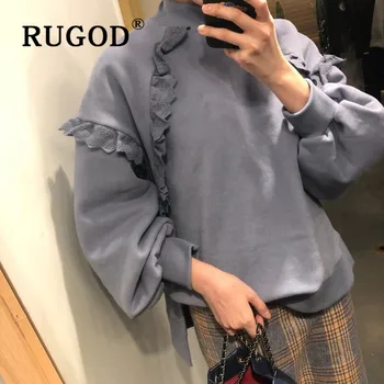 

RUGOD 2019 New Women Lace Patchwork Thick Sweatshirt Half High Collar Side Spilt Loose Sweatshirt Korean Chic Stylish Shirt