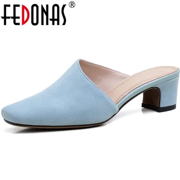

FEDONAS 2020 Women Spring Summer New Genuine Sandals HalfSlippers Square Toe Square Heel Thick Heeled Concise Casual Shoes Woman