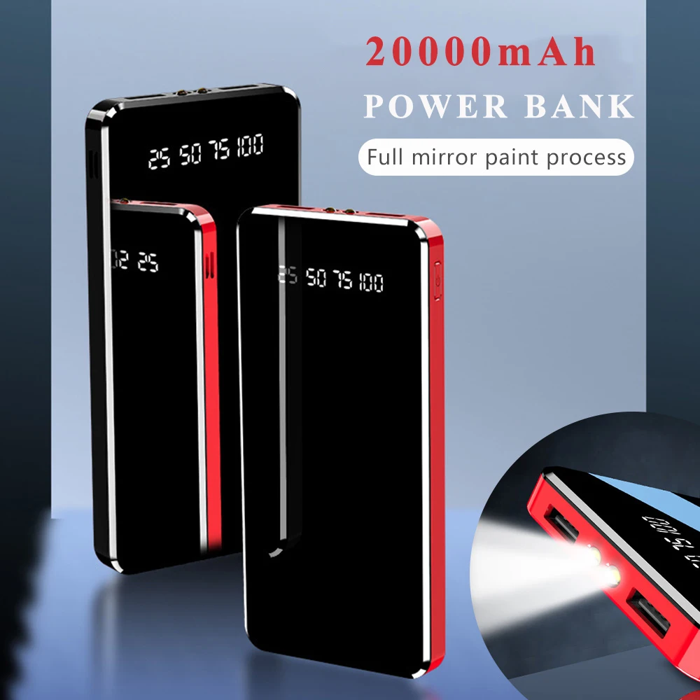 10000 мАч зеркальный светодиодный внешний аккумулятор с двойным фонариком 20000 мАч портативное Внешнее зарядное устройство для iPhone 11 Xiaomi
