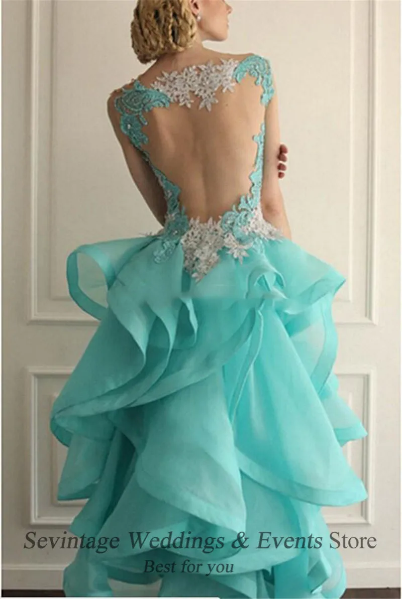 Evening Dresses Cocktail Dress Blue High Front and Low Back Organza Lace Appliques