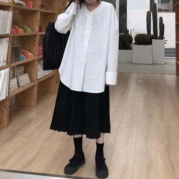 

Johnature 2020 New Csual V-neck Plus Size Loose Womens Tops And Blouses Spring Streetwear Solid Color Long Female Shirts