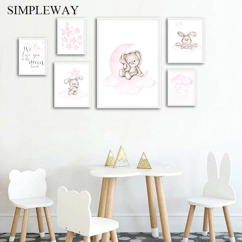 Affiche En Toile D Art Mural Pour Chambre De Bebe Dessin Anime Minimaliste Impression De Lune De Lapin Rose Peinture De Decoration Nordique Pour Chambre De Fille Aliexpress