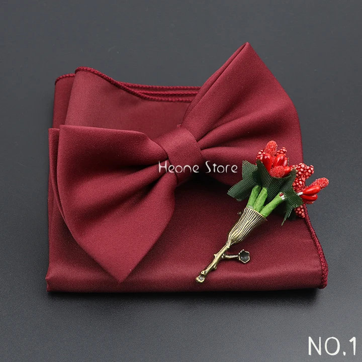 Mens Wedding Bow Tie Brooch Set Romantic Solid Color Silk Polyester Jacquard Woven Bowtie Lapel Pin Hanky Men Gifts Accessories