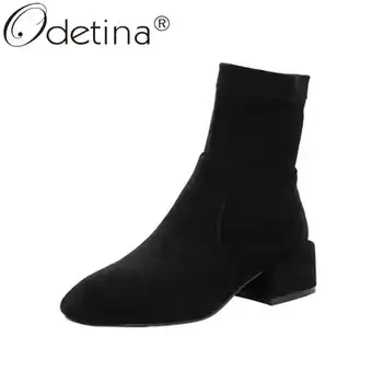 

Odetina Women Fashion Pull On Faux Suede Round Toe Ankle Boots Female Casual Winter Block Mid Heel Sewing Non-slip Sock Boots