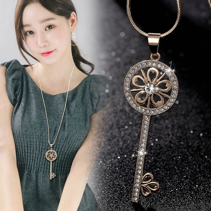 Новинка, кольца, массивное ожерелье s& Кулоны для женщин, винтажное длинное ожерелье с кристаллами, женское колье, женские вечерние ювелирные изделия, подарок - Окраска металла: Flower Key Gold