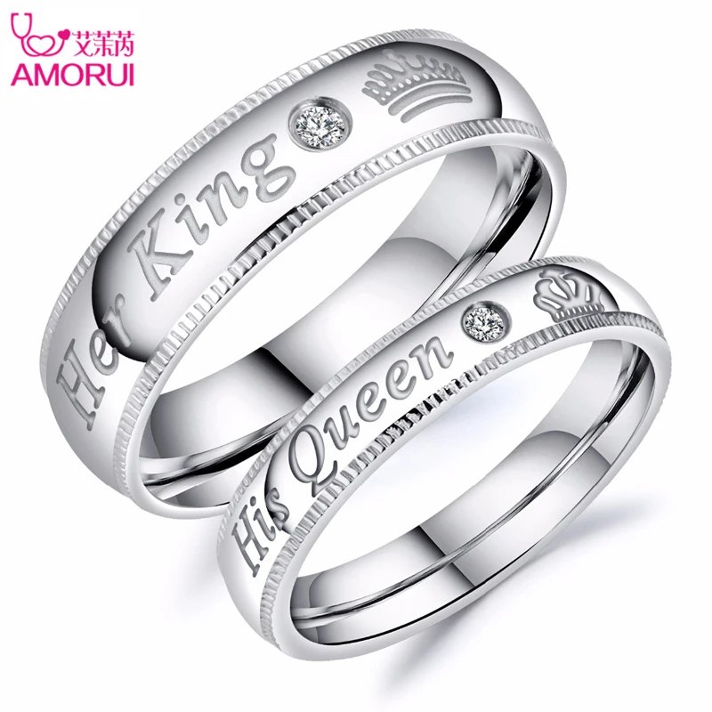 cheap Valentines day gift Crystal Couple Ring ldquo;her King his Queen rdquo; lettering Ring wedding round rings Silver Jewelry women amp; men love