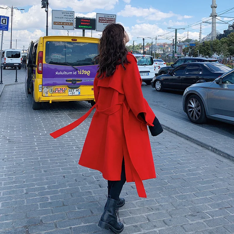 

Woolen Jacket Women's 2019 Autumn And Winter New Style Red Double-Sided Duffle Coat Mid-length Korean-style Loose-Fit Woolen Ove