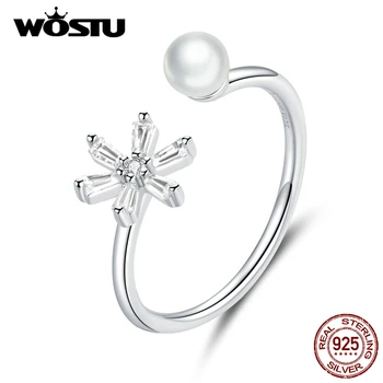

WOSTU Snowflake Open Ring 925 Sterling Silver Shining Zircon Adjustable Pearl Ring For Women Fingers Luxury Jewelry CTR142
