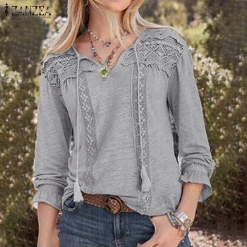 

Spring Casual Shirts ZANZEA Women Solid Lace Patchwork Tunic Tops Vintage Lace Up O Neck Long Sleeve Party Blouse Female Blusas