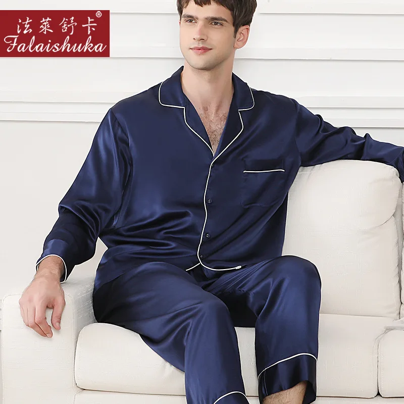 19MM 100%  Silk Pajamas Men's Solid Color Long-Sleeved Trousers Silk  Home Service Two-Piece Suit Men Sleepwear mens tall pajama pants Men's Sleep & Lounge