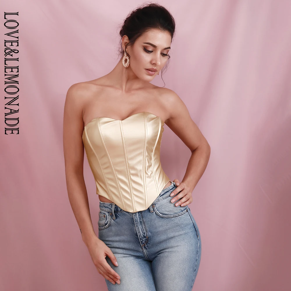 LOVE&LEMONADE сексуальный Золотой бандо поддерживает эластичный PU Bodycon Top LM81760-2
