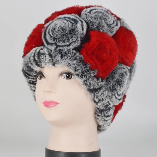 color 25 Winter Rex Rabbit Fur Hat Women Knitted Natural Rex Rabbit Fur Flowers Beanies Hats Warm Soft Real Rex Rabbit Fur Caps - Цвет: color 25