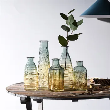 

Gradient Glass Vase European Retro Embossed Table Vase Mini Plant Hydroponic Container Desktop Flower Bottles Home Ornaments