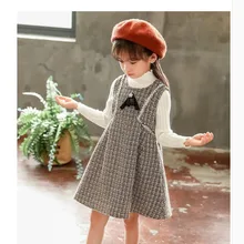 Клетчатый жилет для девочек платье принцессы весенне-осеннее элегантное клетчатое детское шерстяное плиссированное платье-жилет+ белая трикотажная рубашка, костюм P376