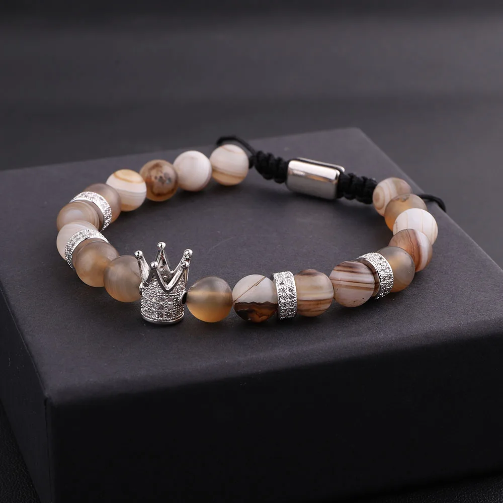 New Design Men Women Bracelet Natural Tiger Eye Howlite CZ Micro Pave Crown Friendship Macrame Adjustable Bacelet Men - Image 2