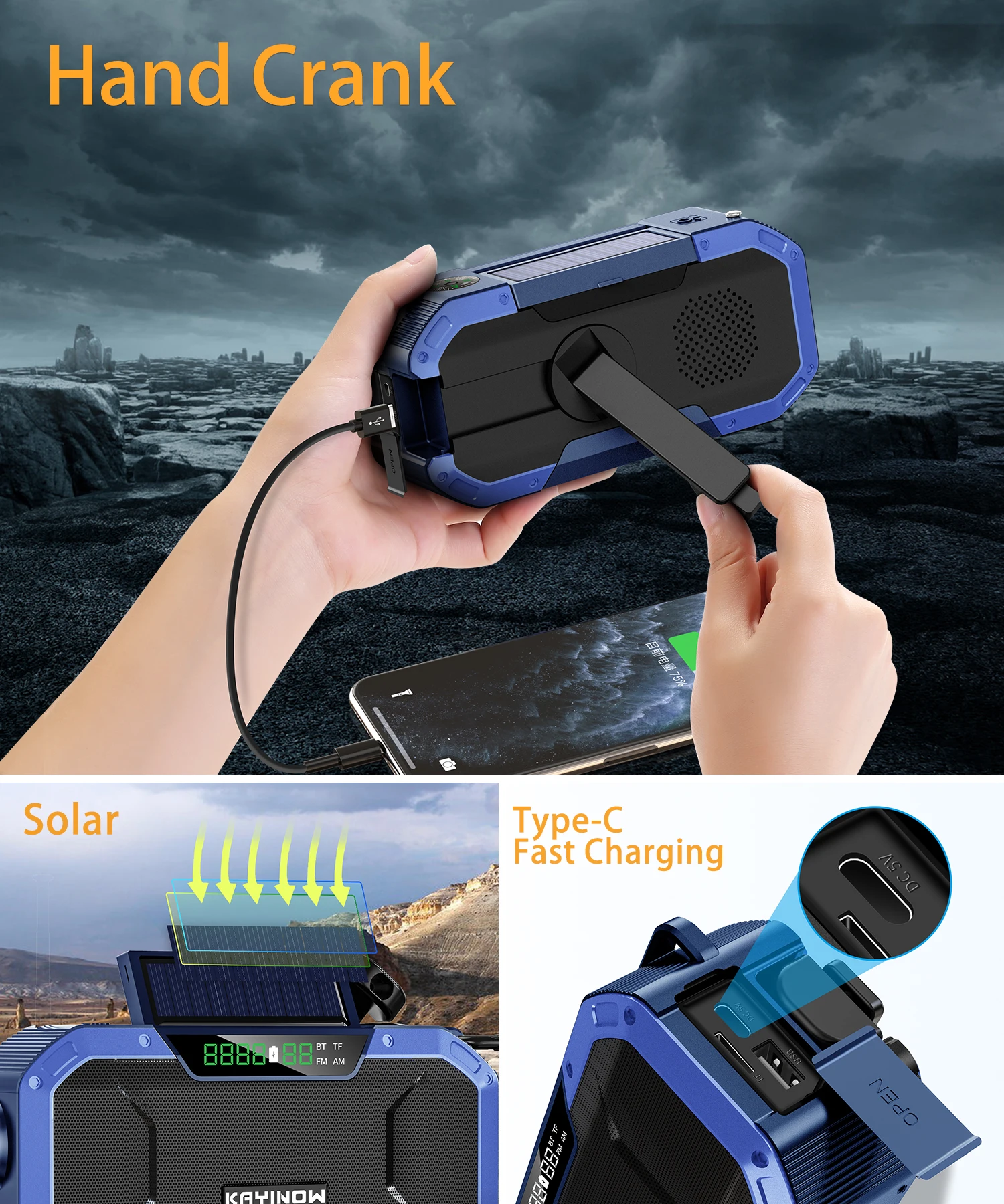 2021 Multifunctional Portable Bluetooth Speaker Hand Crank Solar Radio AM/FM Radios LED Flashlight and 5000mAH Power Bank w/ sos