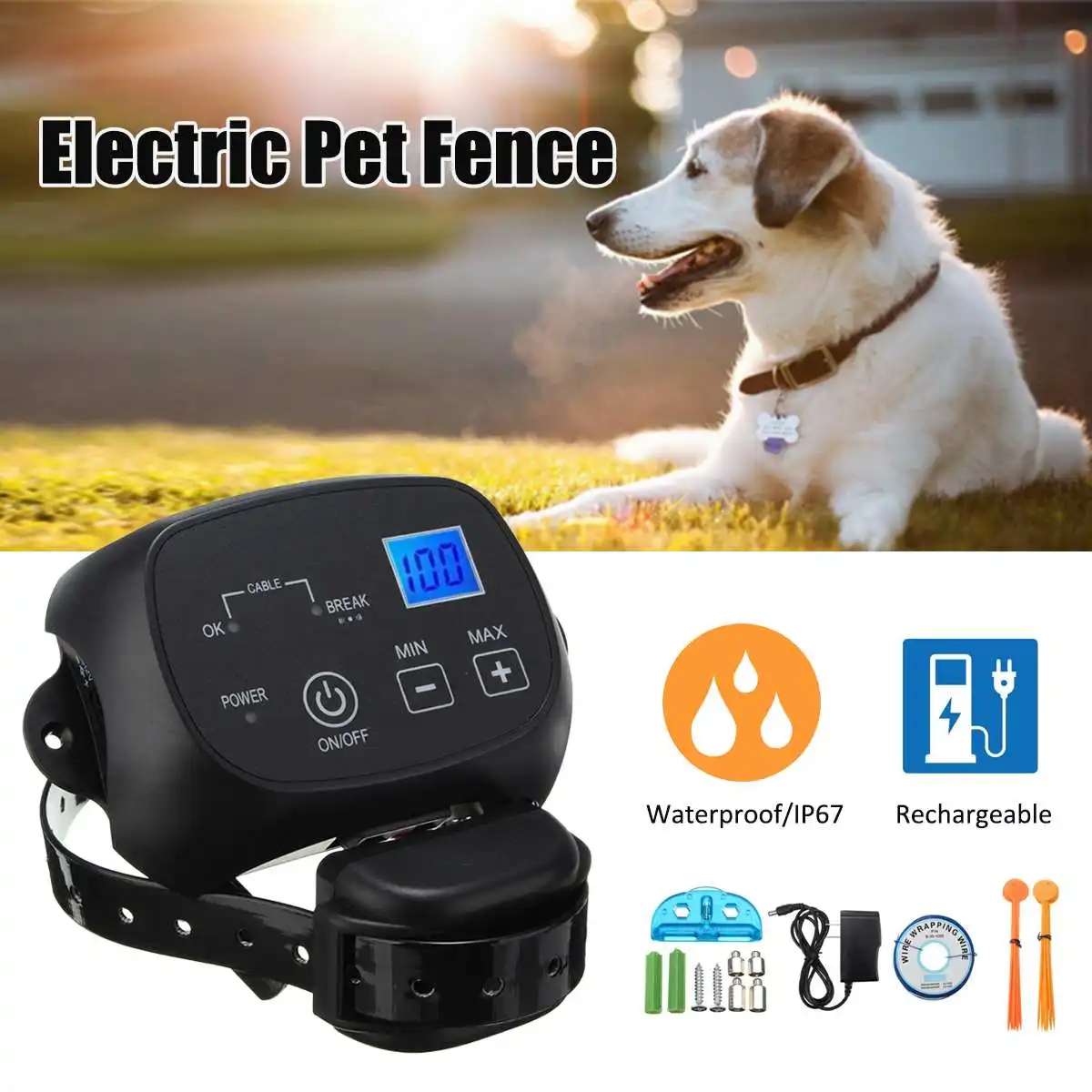 

Wireless Electric Pet Dog Fence Kit Containment System Transmitter With Waterproof Dog Electronic Training Collar Rechargeable