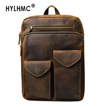 

Men's Backpack Laptop Bag Travel Backpacks Genuine Leather Schoolbag Durable Crazy Horse Leather Male Large Capacity 14" Men