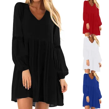 

Dress Women Mini Dress платье Spring Fashion Solid Lace V Neck Long Sleeve Casual Loose Flowy Evening Party Dress Free Ship