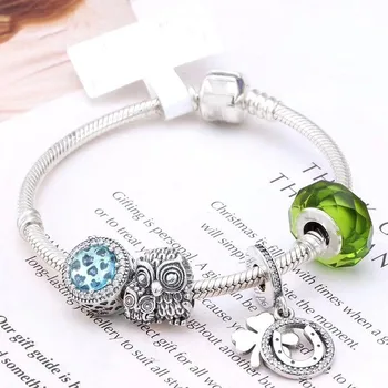 

New 925 Sterling Silver Exquisite Owl Beaded Clover Pendant With Classic Buckle Bracelet Fit Original Pandora Charm Diy Jewelry