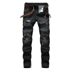 KIOVNO мужские рваные джинсы Брюки Промытые узкие прямые джинсовые брюки для мужчин лодыжки молния черный