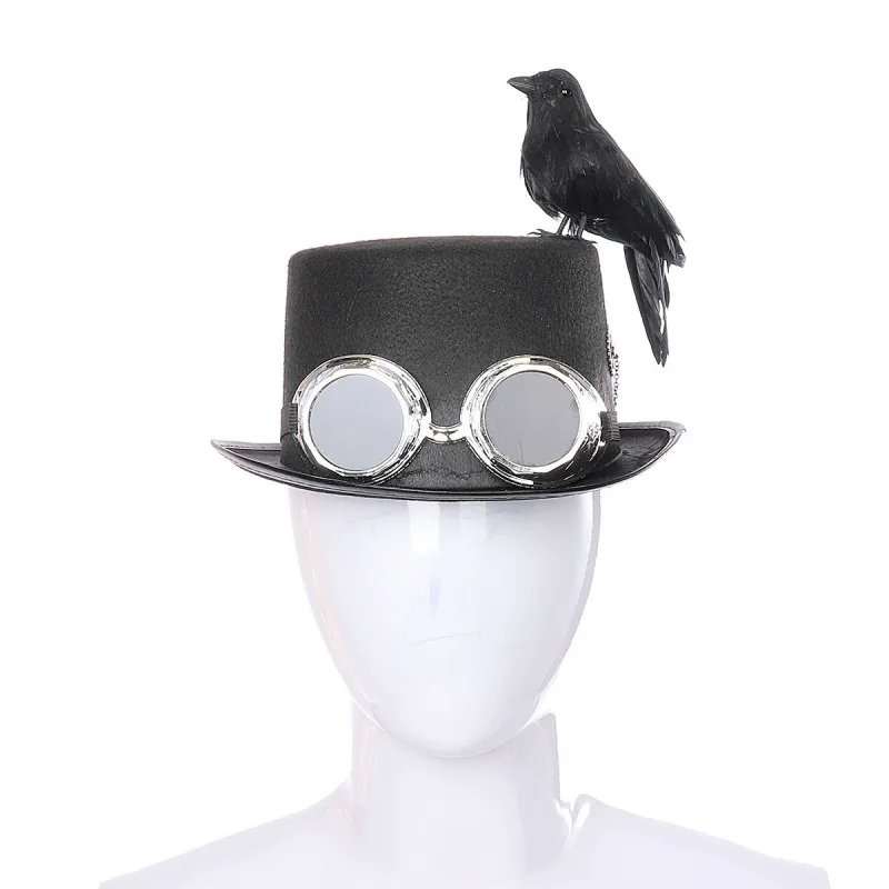 

DIY Assembly Retro Steampunk Hat With Goggles, Gears, Black Crow Bird Costume Party Hat