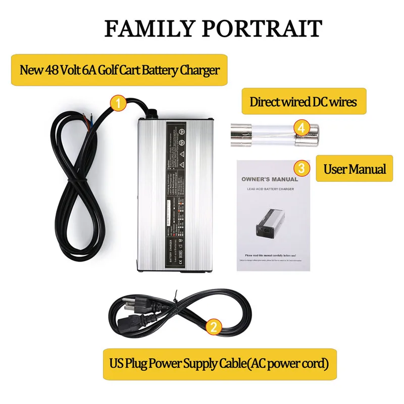 

CLAITE 48V 6A US Plug Golf Cart Bare Wire Battery Charger TXT Lead-acid Battery For EZgo Club Car