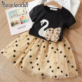 

Bear Leader Kids Party Dress New Summer Kids Girls Princess Dress Cartoon Swan Mesh Outfits Girls Sequin Star Children Clothing
