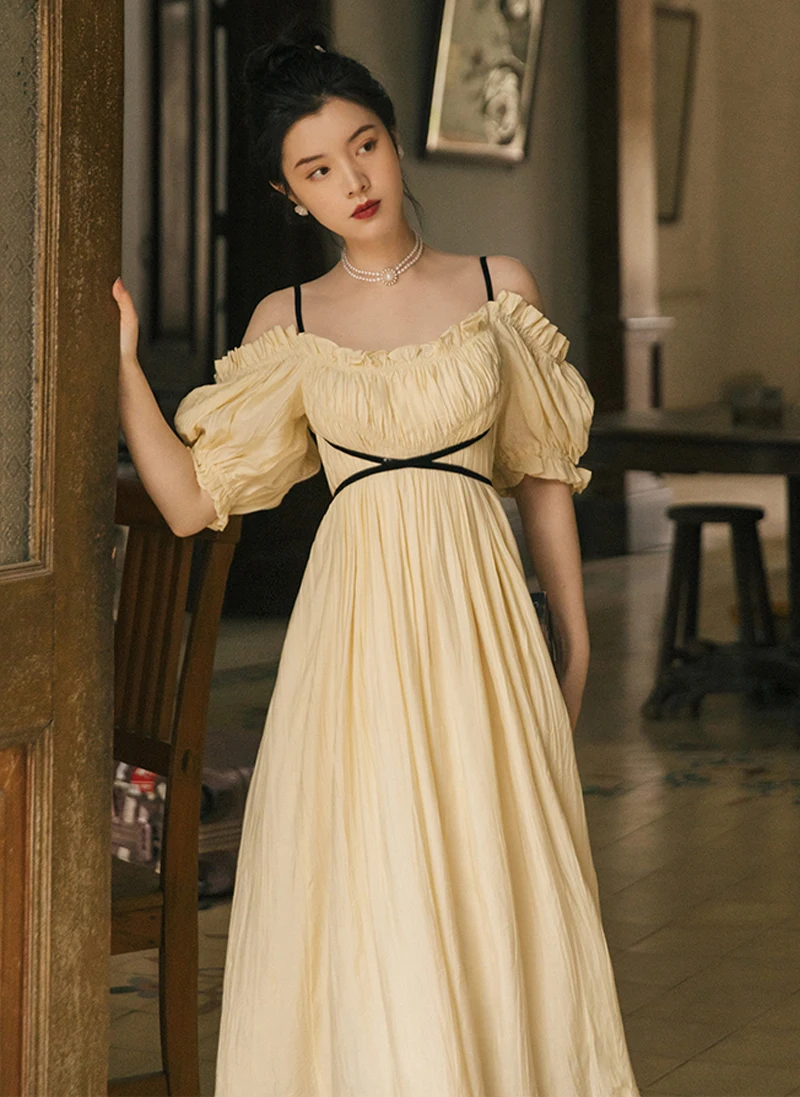 Summer Off Shoulder Fairy Dress Korean Design Vintage Slash Neck Spaghetti Straps Puff Sleeve Princess Dresses Vestido Festa | Женская