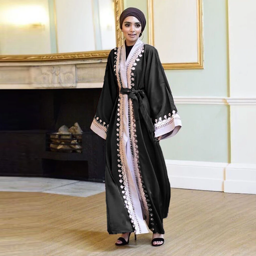 Fubotevic Womens Dubai Kaftan Lace Muslim Ramadan Islamic Open-Front Caftan Arab Robe Cardigan 