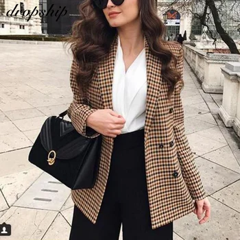 

2020 Fashion Autumn Women Plaid Blazers Jackets Work Office Lady Suit Slim Double Breasted Business Female Blazer Coat Talever