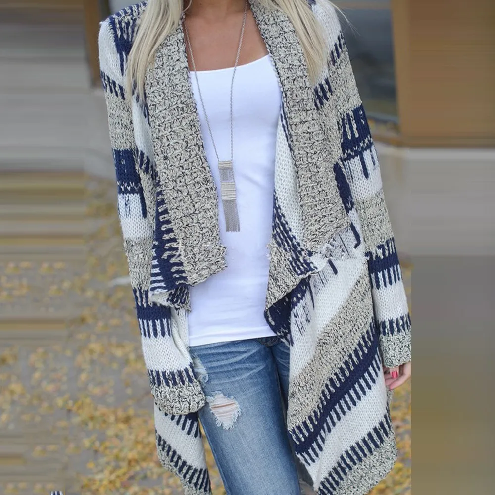 

Fashion Kimono Knitted Cardigan Long Sleeve Striped Sweaters Print Irregular Sexy Lady Warm Jackets Cardigan Women Tops