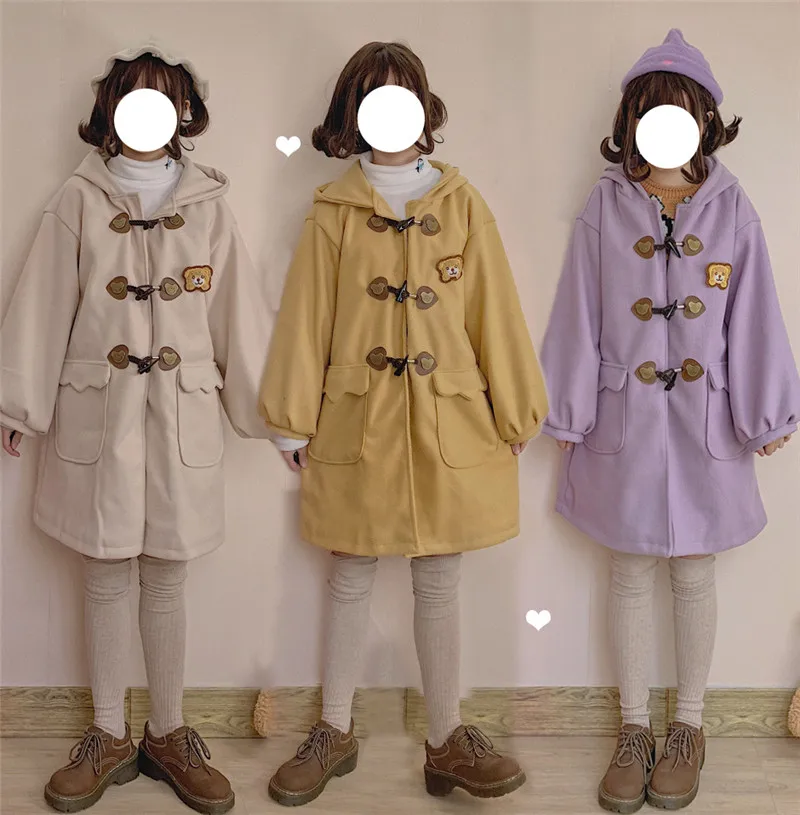Winter Cute Bear Wool Blend Women Jacket Japan Horn Button Thick Warm Long Coat Teen Soft Girls Cotton Padded Vintage Overcoat