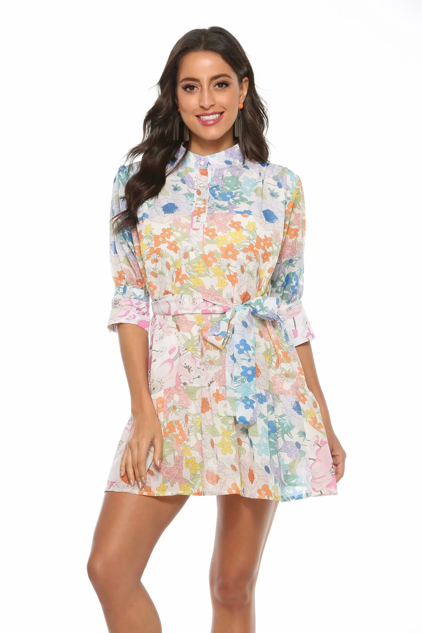 Za 2019 women dress silk floral print fashion ins dress bow sashes draped turn-down collar dresses female vintage vestidos