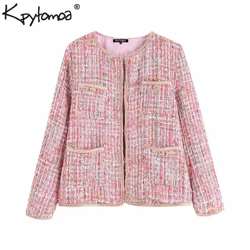 

Vintage Stylish Pockets Covered Button Tweed Jacket Coat Women 2019 Fashion O Neck Long Sleeve Sweet Ladies Outerwear Chic Tops