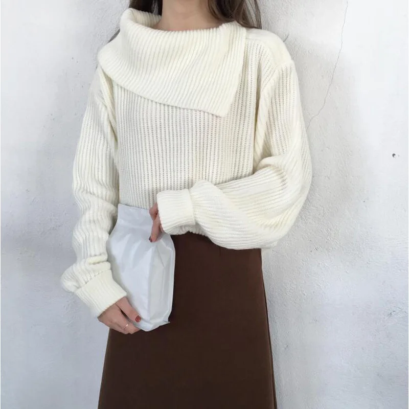 

2020 New Autumn Winter Women Sweaters Pullover Minimalist Knitted Elegant Turndown Ladies Vintage Jumpers CL455