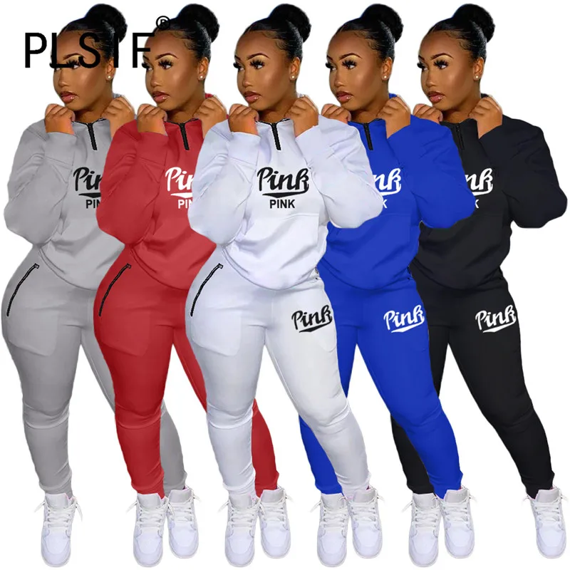 Women Sweatsuit Pink Letter Print Slim 