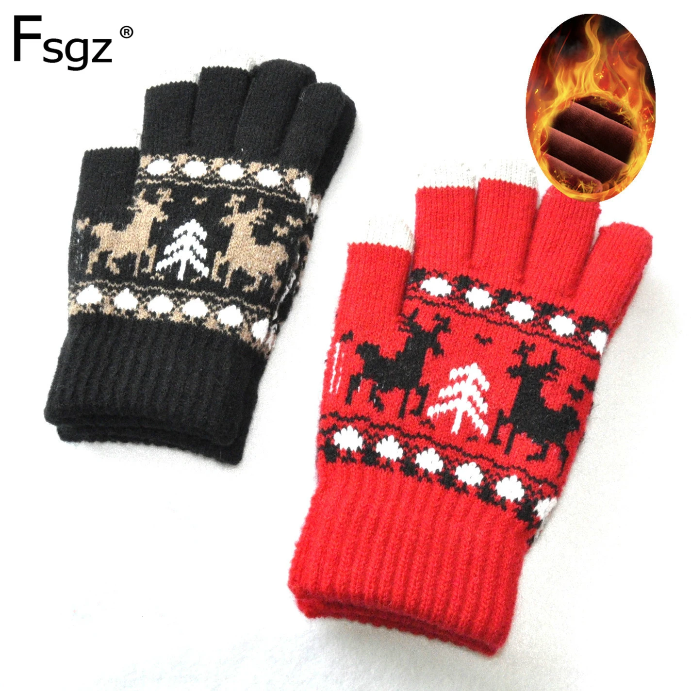 Зимние перчатки для взрослых, утолщенные жаккардовые перчатки для сенсорного экрана, вязаные перчатки для рождественской елки, оленей, велосипедные перчатки
