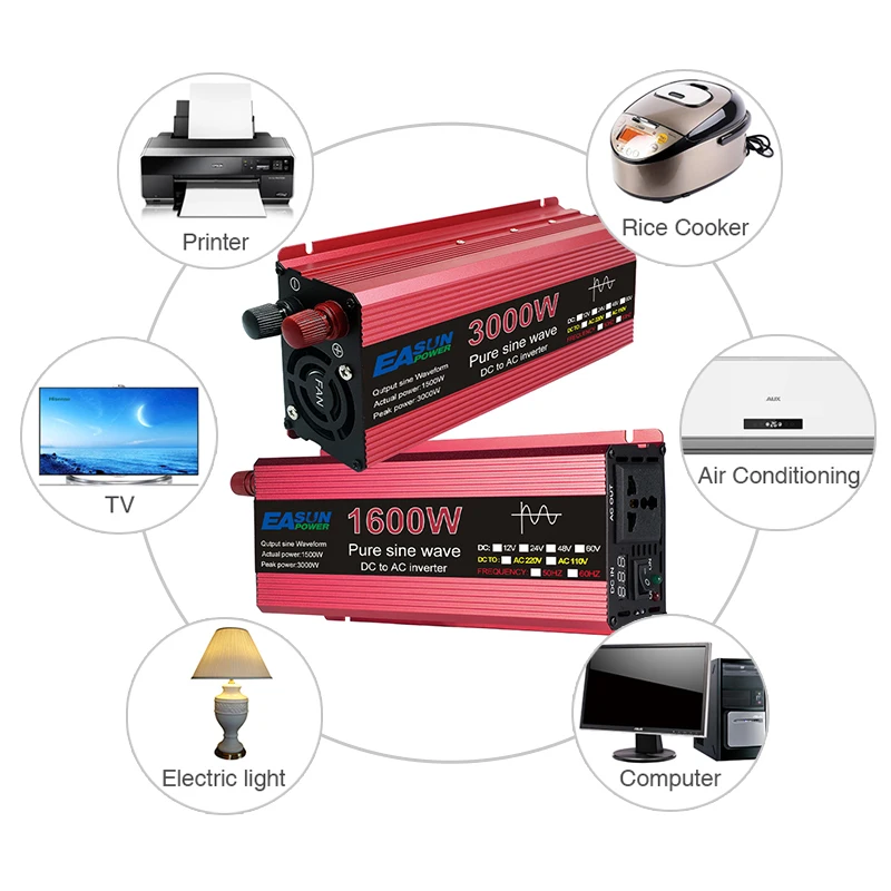 Pure sine wave inverter 1000W 1600W 2200W 3000W Pure Sine Wave Inverter DC 12V 24V To AC 110V 220V Voltage Transformer Power Converter Solar Car Inverter