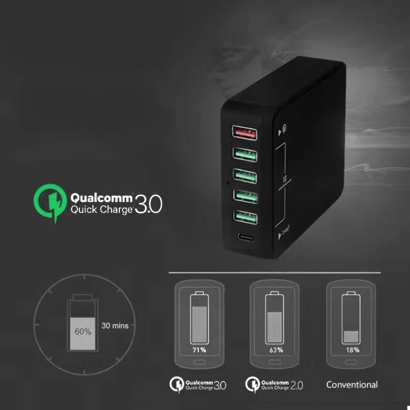 QC3.0 быстро Зарядное устройство адаптер с 6-Порты и разъёмы цифровой адаптер USB мульти-функциональный Мощность адаптер